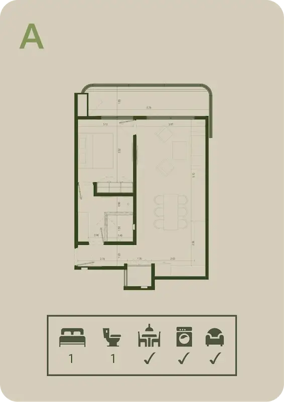 Plano del Tipo A de Village BLU: 1 recámara, 1 baño, sala-comedor y área de lavado