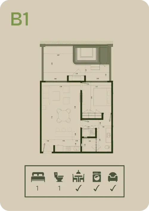 Plano del Tipo B1 de Village BLU: 1 recámara, 1 baño, sala-comedor y área de lavado